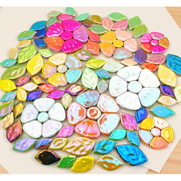 500g Mosaic Tiles, Flower and Shapes, Mixed Iridescent Colors, 3 Sizes, for DIY Mosaic Crafts
