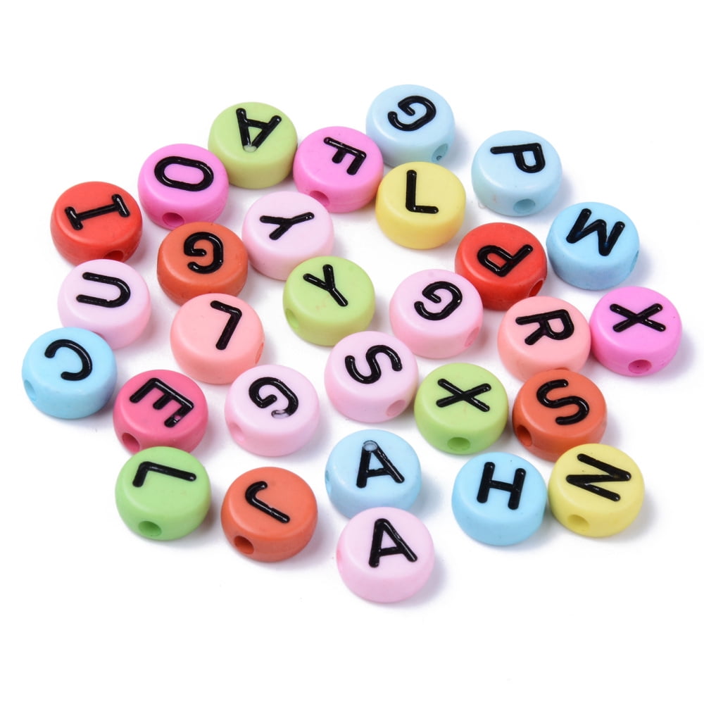 500g Opaque Acrylic Beads Horizontal Hole Flat Round with Black Random Letters Mixed Color 10x4.5mm Hole: 2mm 1600pcs/500g