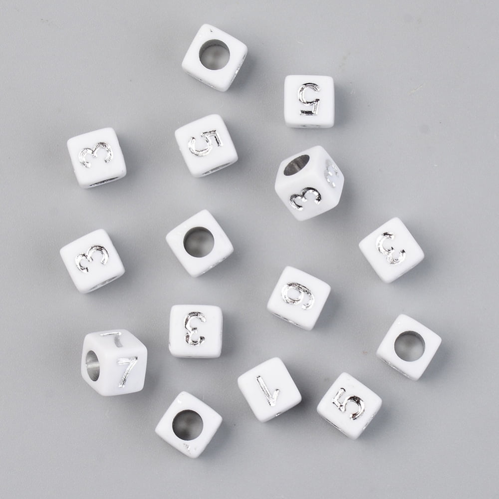 500g PVD Vacuum Plating Acrylic Beads Opaque Cube with Number White Silver Plated 6x6x6mm Hole: 3.5mm 2900pcs/500g
