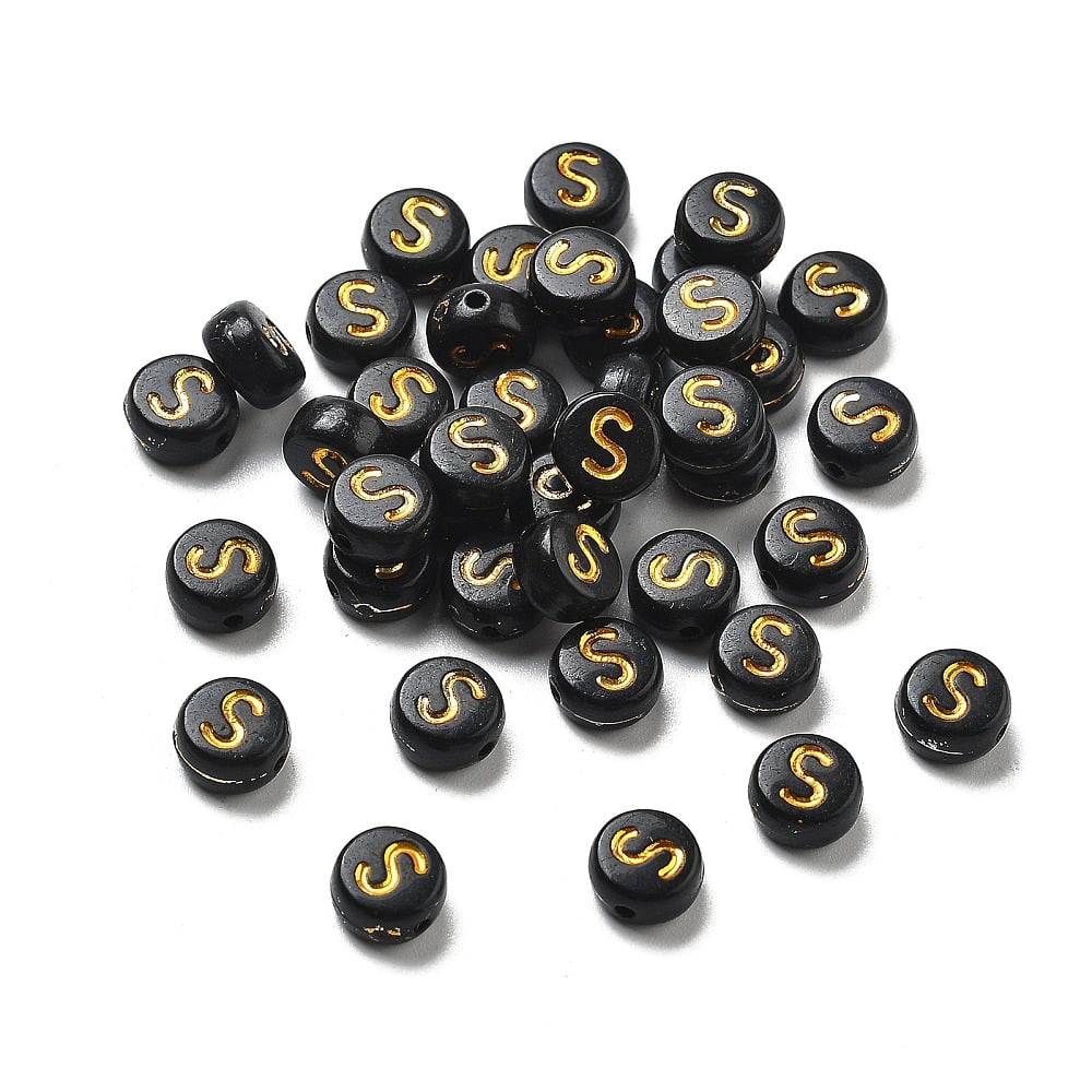 500g Plating Opaque Acrylic Beads Golden Metal Enlaced Flat Round with Letter Letter S 7x3.5mm Hole: 1.2mm about 3846pcs/500g