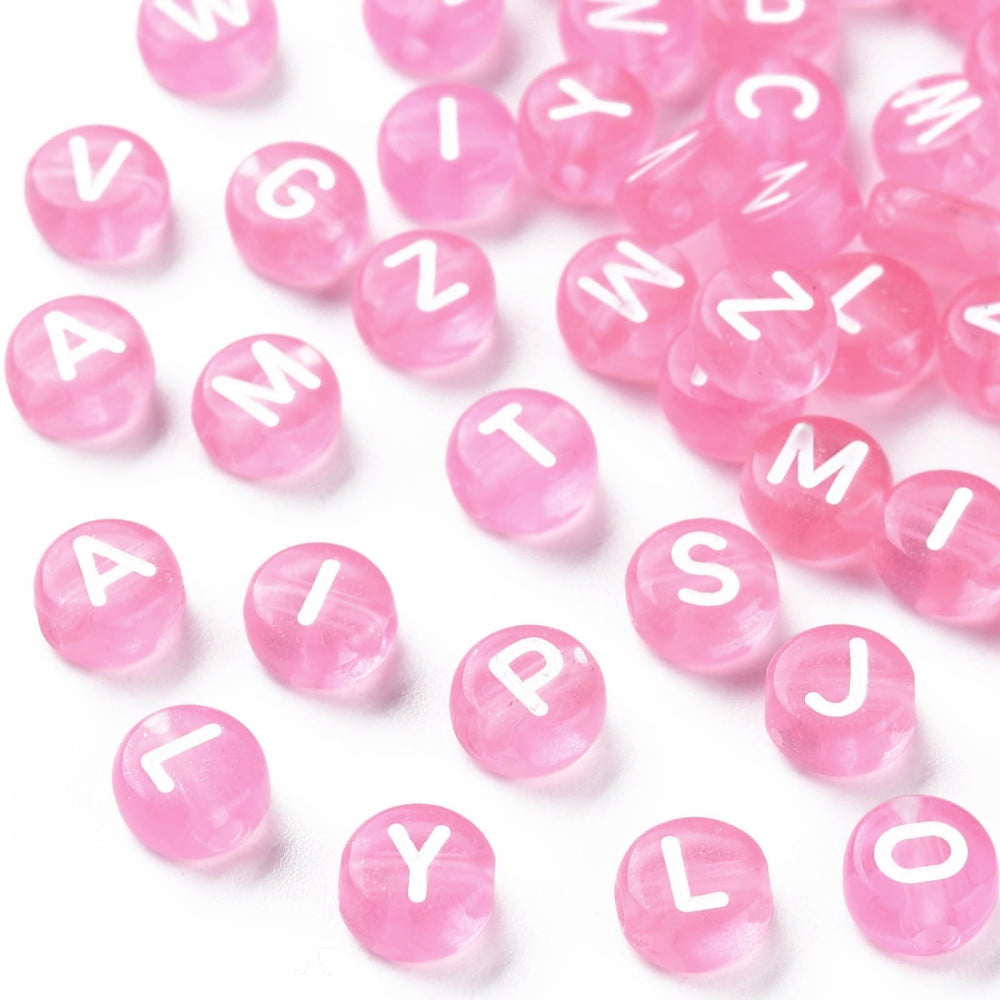 500g Transparent Acrylic Beads Horizontal Hole Mixed Letters Flat Round Pearl Pink 7x4mm Hole: 1.5mm 3700pcs/500g