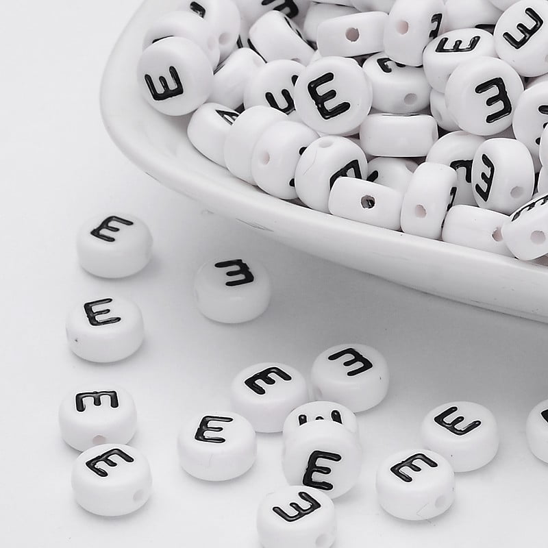 500gs Acrylic Beads with Horizontal Hole Letter Flat Round Letter E 7x4mm Hole: 1.2~1.8mm about 3500pcs/500g