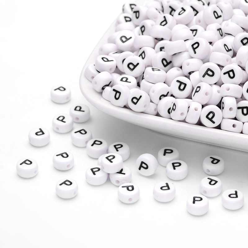 500gs Acrylic Beads with Horizontal Hole Letter Flat Round Letter P 7x4mm Hole: 1.2~1.8mm about 3500pcs/500g