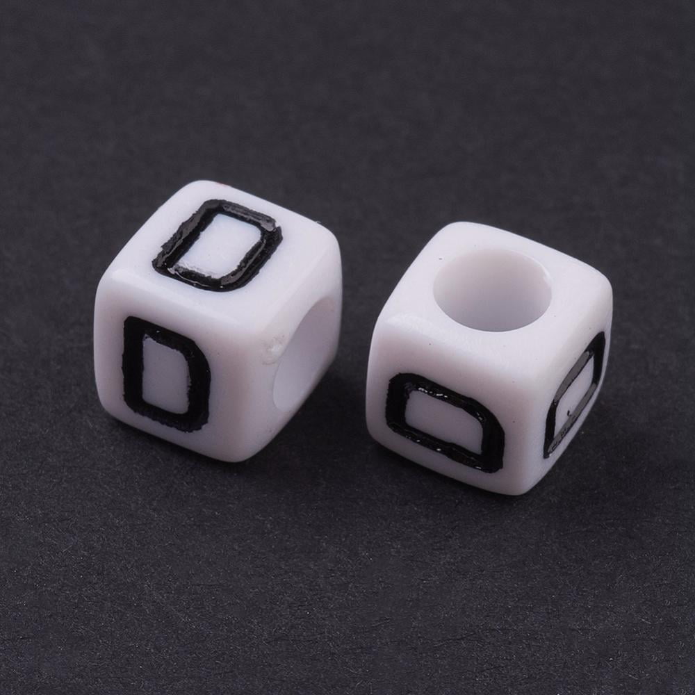 500gs Acrylic Horizontal Hole Letter Beads Cube White Letter D Size: about 6mm wide 6mm long 6mm high hole: about 3.2mm about 2600pcs/500g