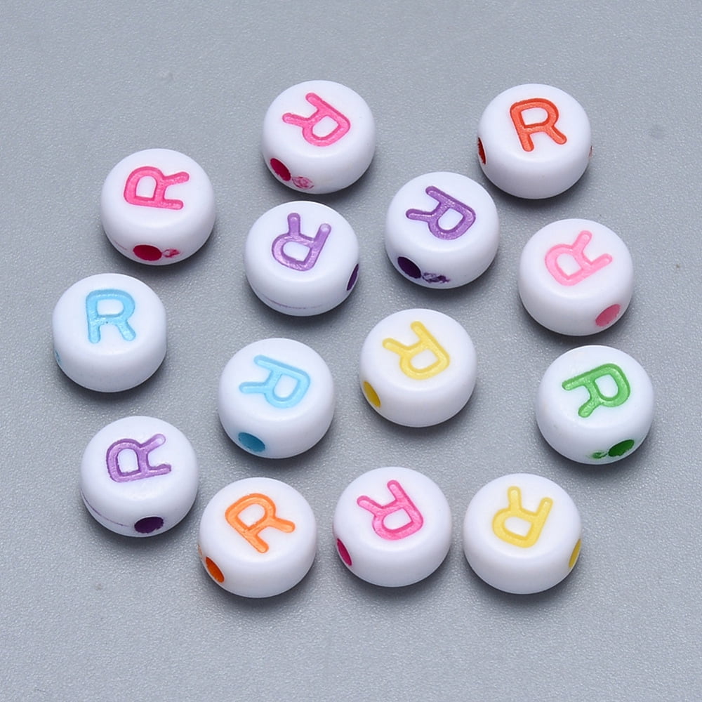 500gs Craft Acrylic Horizontal Hole Letter Beads Flat Round Mixed Color Letter.R 7x3.5~4mm Hole: 1.5mm about 3600pcs/500g