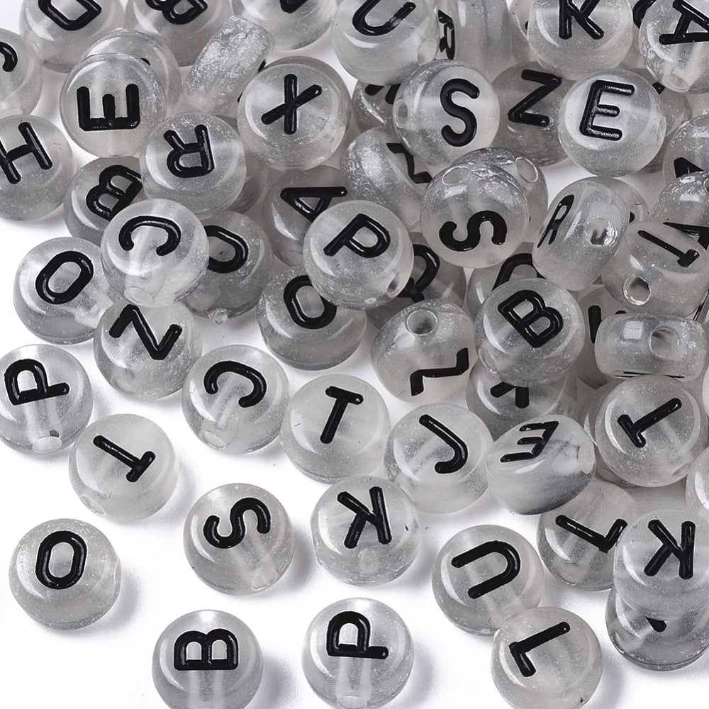 500gs Enamel style Acrylic Beads Luminous Horizontal Hole Flat Round with Letter Light Grey Light Grey 7x4mm Hole: 1.6mm about 3700pcs/500g