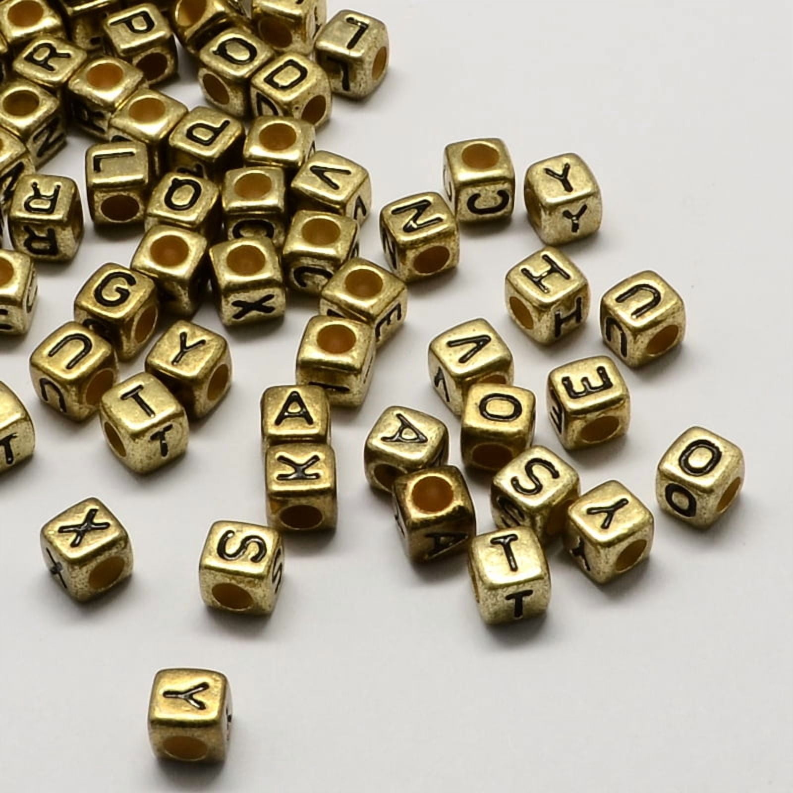 500gs Golden Plated Large Hole Acrylic European Beads Horizontal Hole Cube with Letter Random Mixed Letters 6x6x6mm Hole: 4mm 2950pcs/500g