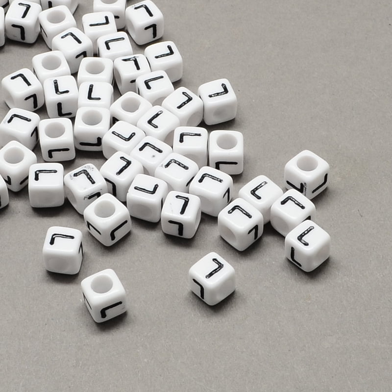 500gs Large Hole Acrylic Letter European Beads Horizontal Hole White & Black Cube with Letter.L 6x6x6mm Hole: 4mm about 2950pcs/500g