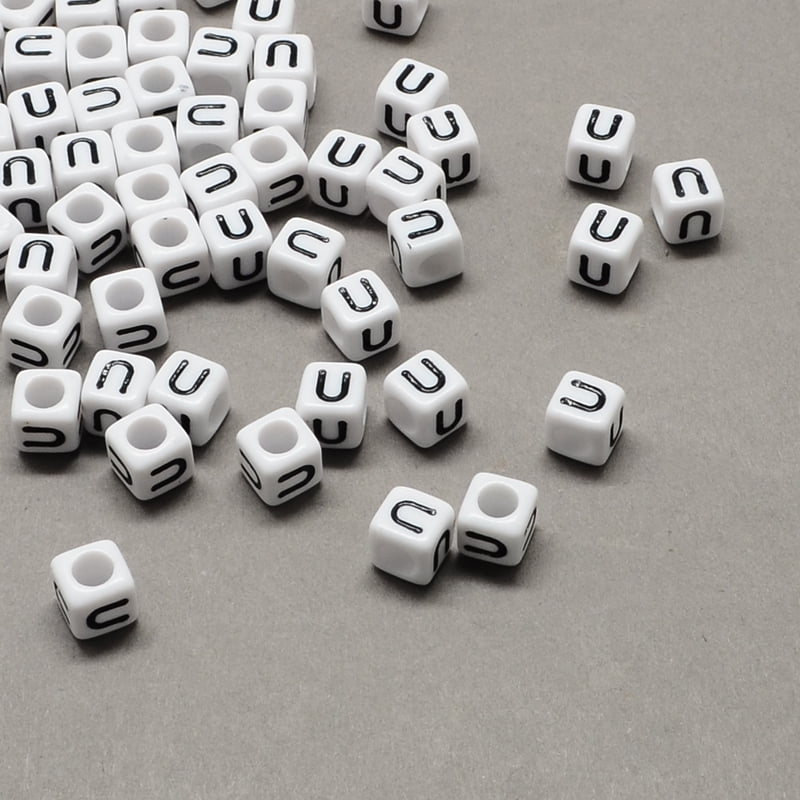 500gs Large Hole Acrylic Letter European Beads Horizontal Hole White & Black Cube with Letter.U 7~8x7~8x7~8mm Hole: 4mm about 1144pcs/500g DIY