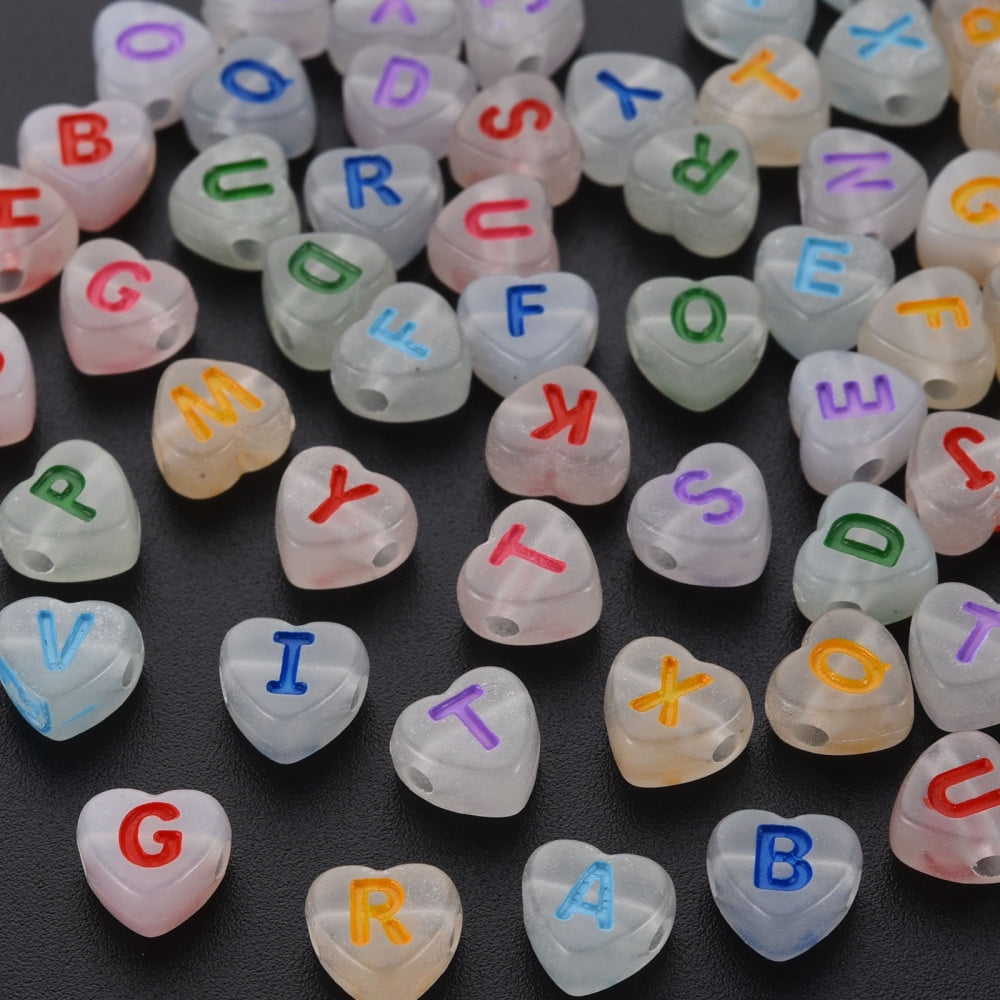 500gs Luminous Acrylic Beads Horizontal Hole Heart with Random Letters Mixed color 7x7x4mm Hole: 1.6mm about 3600pcs/500g