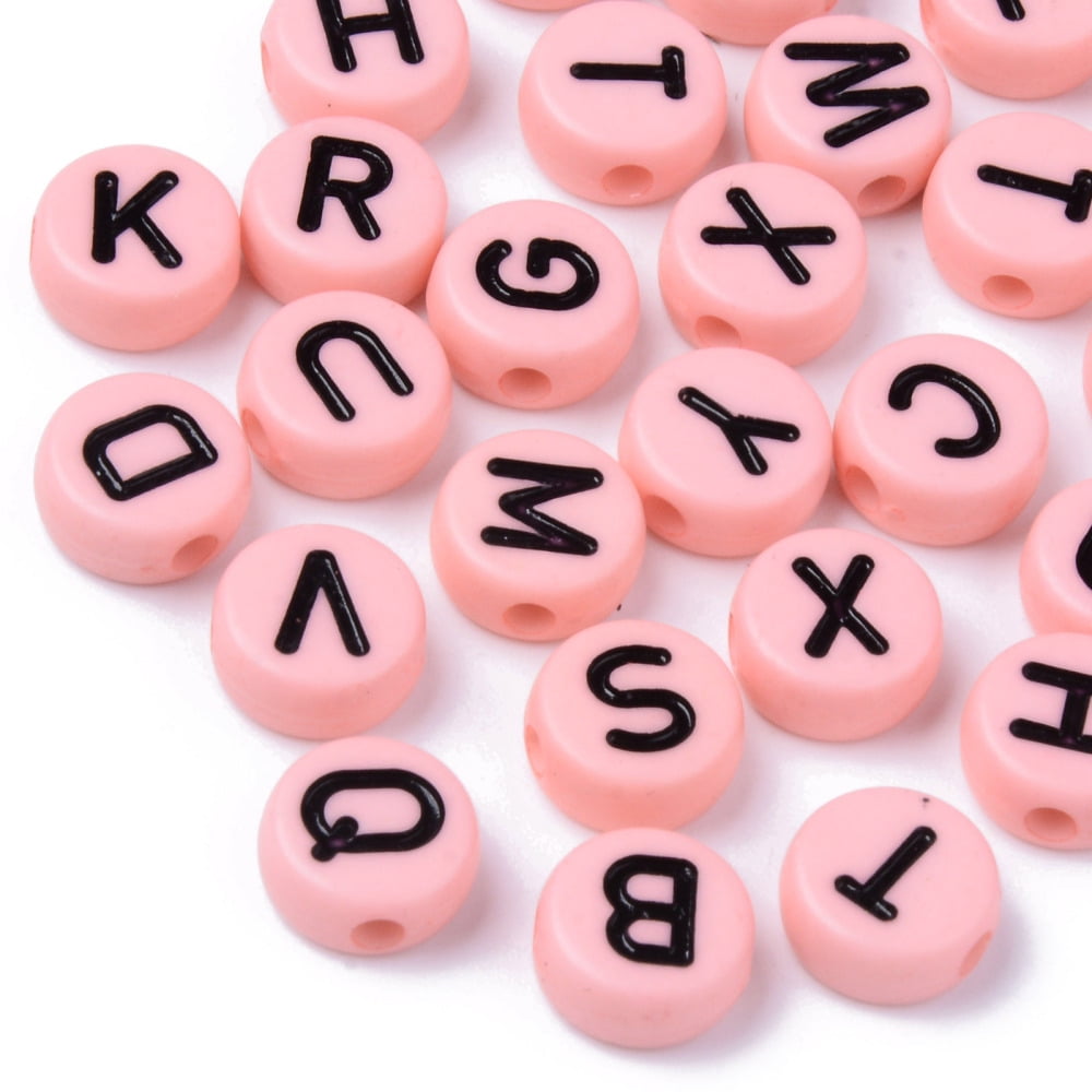 500gs Opaque Acrylic Beads Horizontal Hole Flat Round with Black Random Letters Pink 10x4.5mm Hole: 2mm about 1600pcs/500g