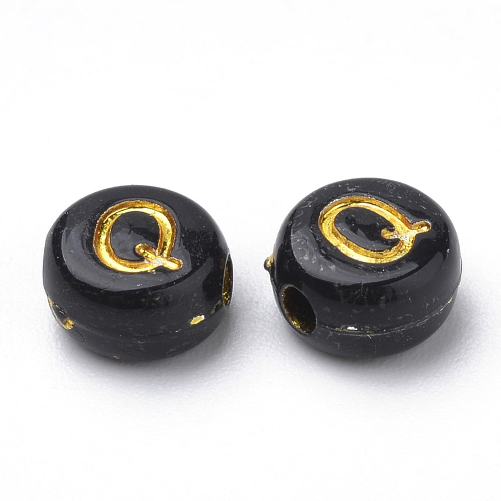 500gs Opaque Acrylic Beads Metal Enlaced Horizontal Hole Flat Round Mixed Letters Black 7x4mm Hole: 2mm about 3700pcs/500g
