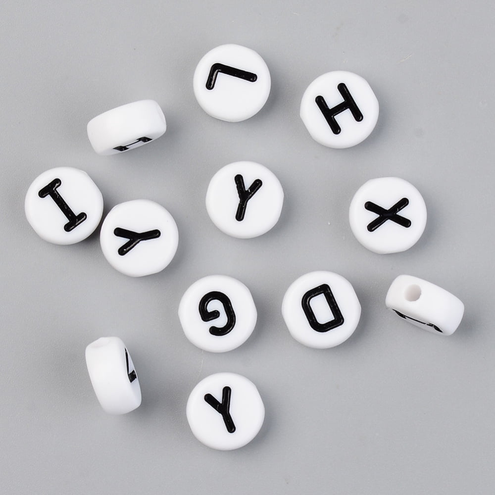 500gs Opaque Acrylic Beads with Enamel Horizontal Hole Flat Round with Initial Letter Black White 9.5x4.5mm Hole: 2mm 1580pcs/500g