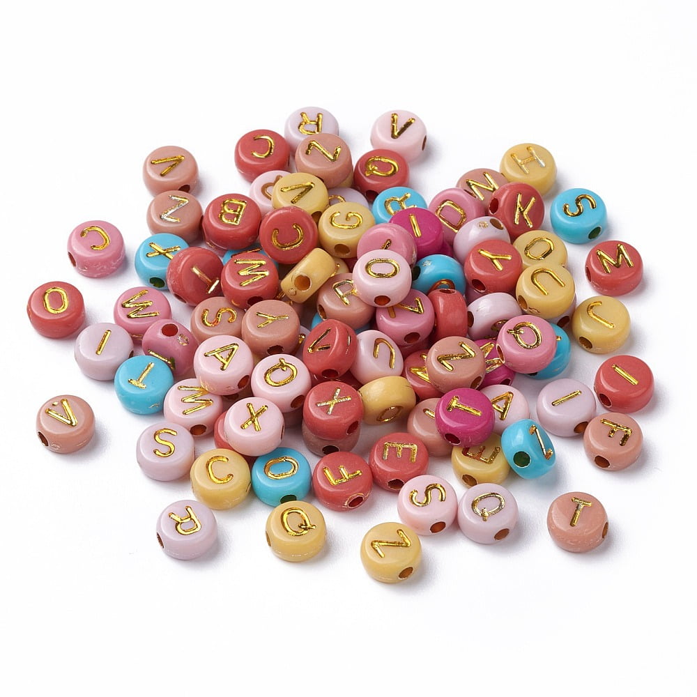 500gs Opaque Mixed color Acrylic Beads Metal Enlaced Flat Round with Random Letters Golden 7x4mm Hole: 1.8mm about 3700pcs/500g