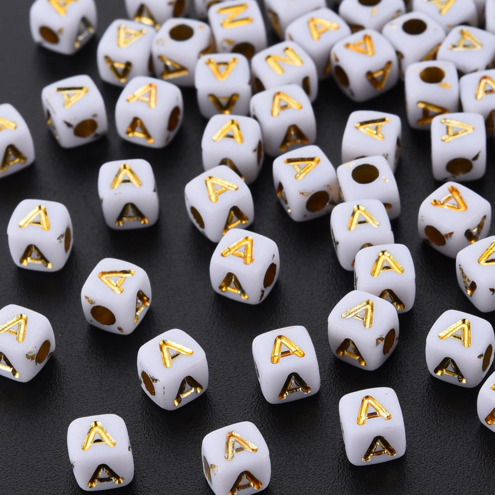500gs Opaque White Acrylic Beads Metal Enlaced Cube with Letters Letter.A 4.5mm Hole: 2mm about 5000pcs/500g