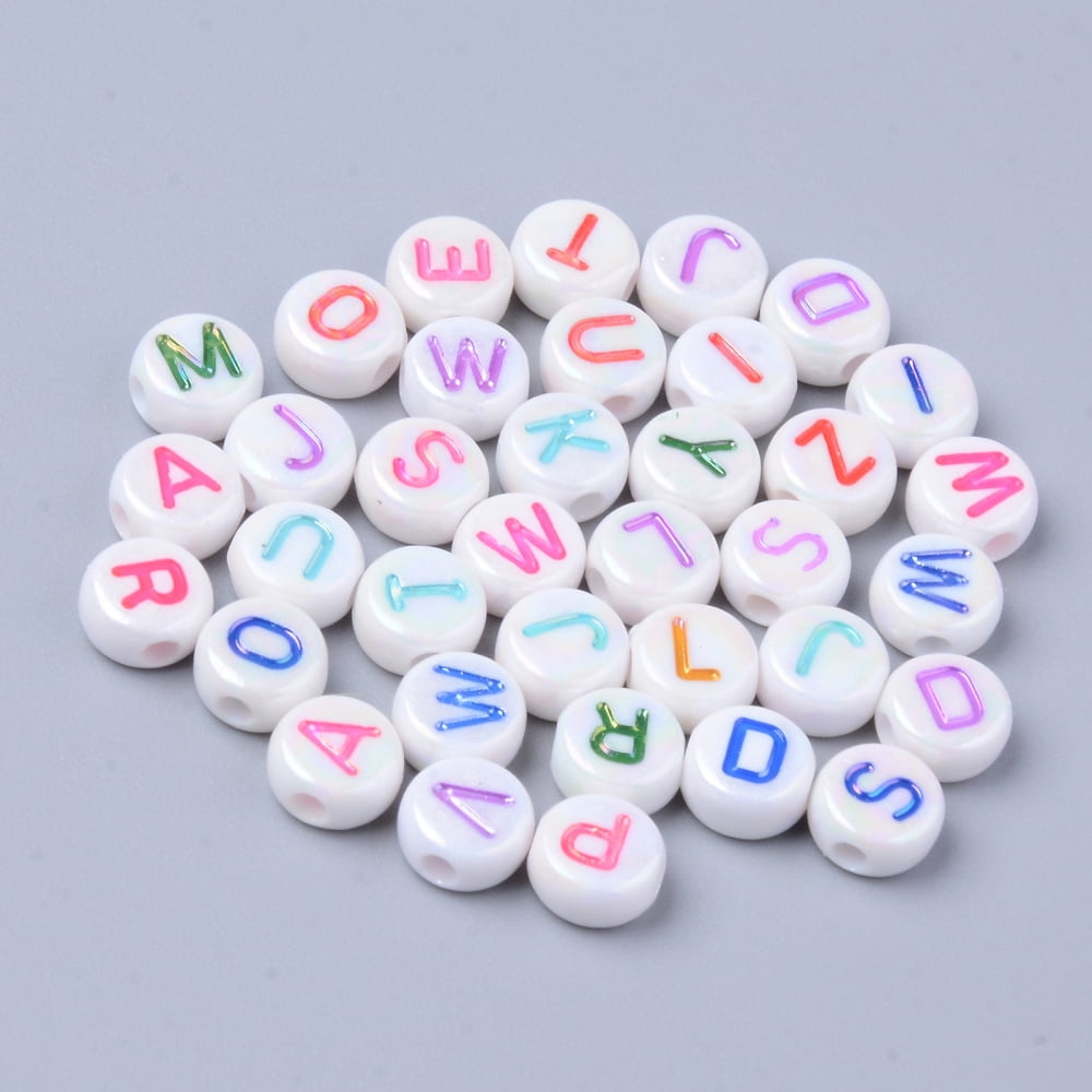 500gs Opaque White Acrylic Beads Metal Enlaced Horizontal Hole Flat Round with Letters Mixed color 7x3.5mm Hole: 1.8mm about 3700pcs/500g