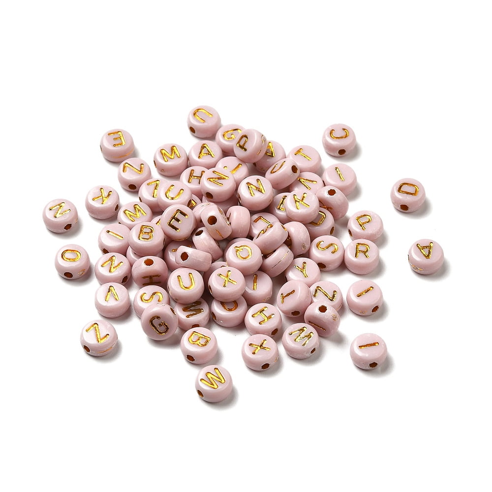 500gs Plating Acrylic Beads Golden Metal Enlaced Horizontal Hole Flat Round with Letter PeachPuff 6.5~7x3.5~4mm Hole: 1.6mm about 3600g/500g