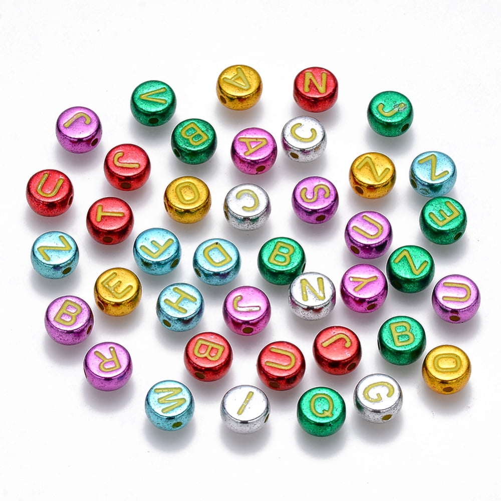 500gs Plating Acrylic Beads Horizontal Hole Flat Round with Initial Letter Random Mixed Letters 7x3.5mm Hole: 1.2mm 3600pcs/500g