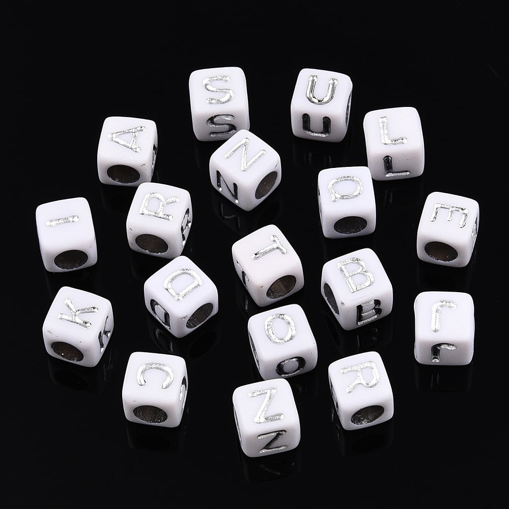 500gs Plating Acrylic Beads Silver Metal Enlaced Mixed Letters Cube Letter A~Z 5.5~6x5.5~6x5.5~6mm Hole: 3.5mm about 3000pcs/500g