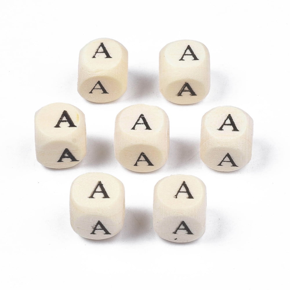 500gs Printed Natural Wood Beads Horizontal Hole Cube with Initial Letter PapayaWhip Letter.A 10x10x10mm Hole: 3.5mm about 1000pcs/500g