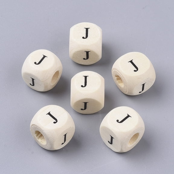 500gs Printed Wood Beads Horizontal Hole Cube with Initial Letter PapayaWhip Letter.J 10x10x10mm Hole: 3.5mm about 1000pcs/500g