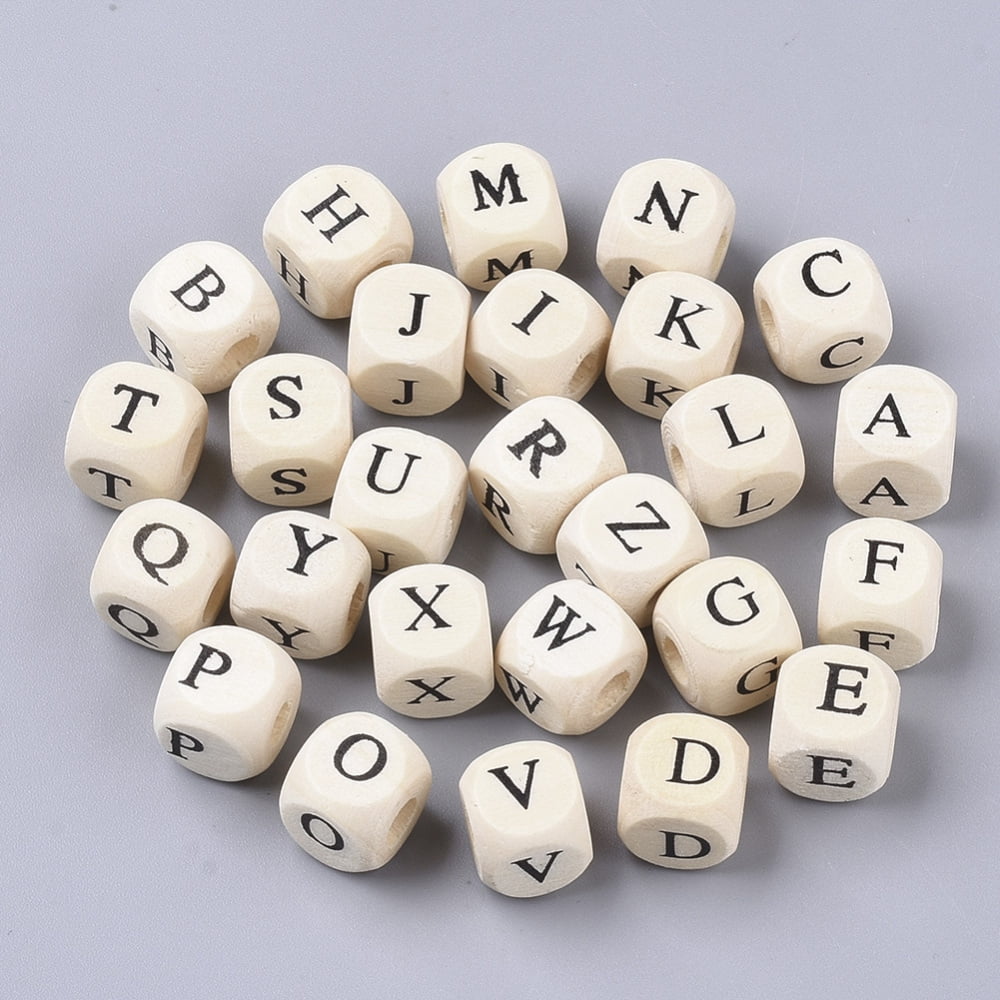 500gs Printed Wood Beads Horizontal Hole Cube with Initial Letter PapayaWhip Random Mixed Letters 10x10x10mm Hole: 3.5mm about 1000pcs/500g