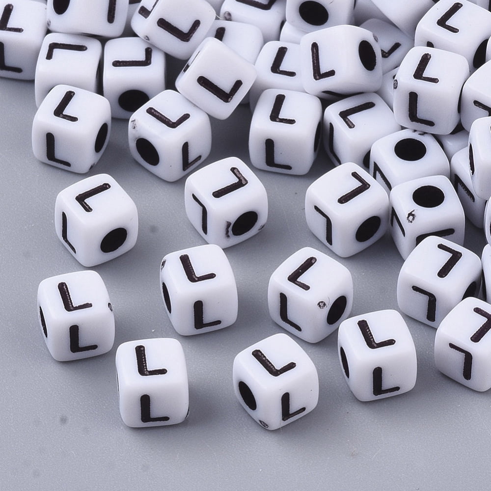 500gs White Opaque Acrylic Beads Horizontal Hole Cube with Black Alphabet Letter.L 4~5x4~5x4~5mm Hole: 1.8mm about 6470~6500pcs/500g