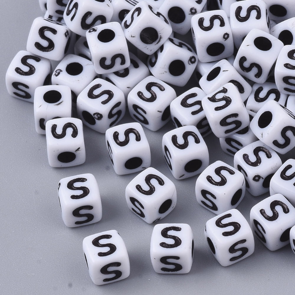 500gs White Opaque Acrylic Beads Horizontal Hole Cube with Black Alphabet Letter.S 4~5x4~5x4~5mm Hole: 1.8mm about 6470~6500pcs/500g