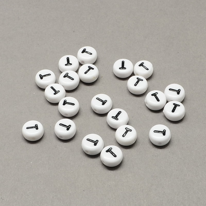 500gs White and Black Acrylic Horizontal Hole Letter Beads Flat Round with Letter.T 7x4mm Hole: 1.3mm about 3600pcs/500g