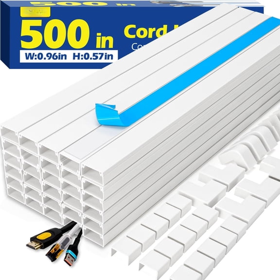 500in Cord Hider Kit  Covers For Wires On Wall Paintable Cable Raceway Mount Tv Wire Cords 32x L15.75 X W0.96in H0.57in White