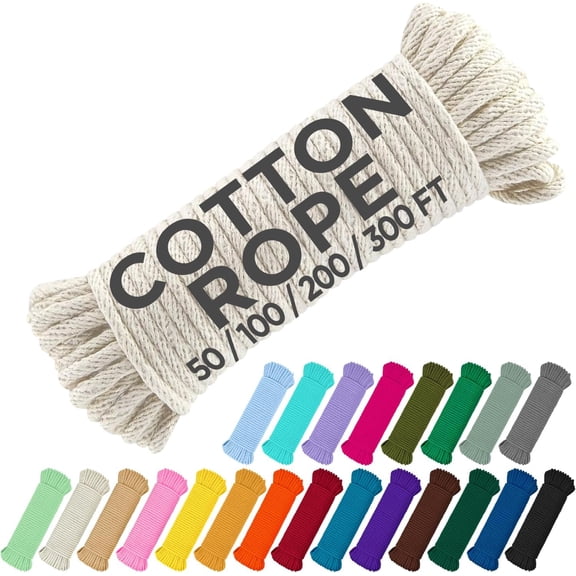 500lb Cotton Rope 3/16 (5 mm) 50 FT | 100 FT Strong All-Purpose Braided Rope Natural Cotton for Crafting, amping, Clothes Line, DIY, Indoor & Outdoor Use Natural
