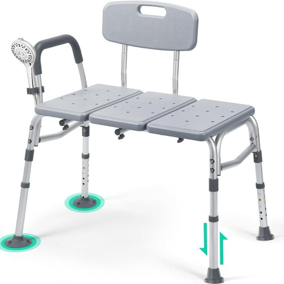 500lb Heavy Duty Shower Bench, Tool-Free Tub Transfer Bench with Arms & Back, Height Adjustable Handicap Shower Seat, Non-Slip Bath Safety Chair for Elderly & Surgery-Gray