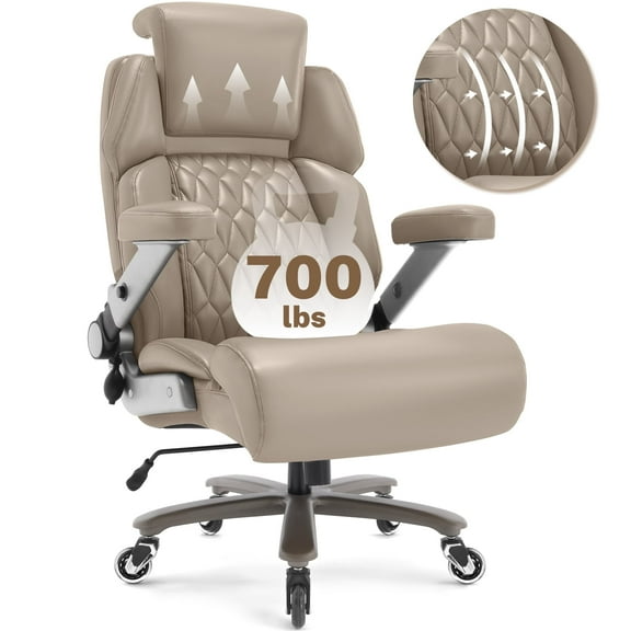 700lbs Big and Tall Office Chair, Heavy Duty Executive Chair, Extra Wide Seat, Ergonomic Computer Desk Chair with Adjustable Headrest and Lumbar Support, 3D Flip up Arms, Khaki
