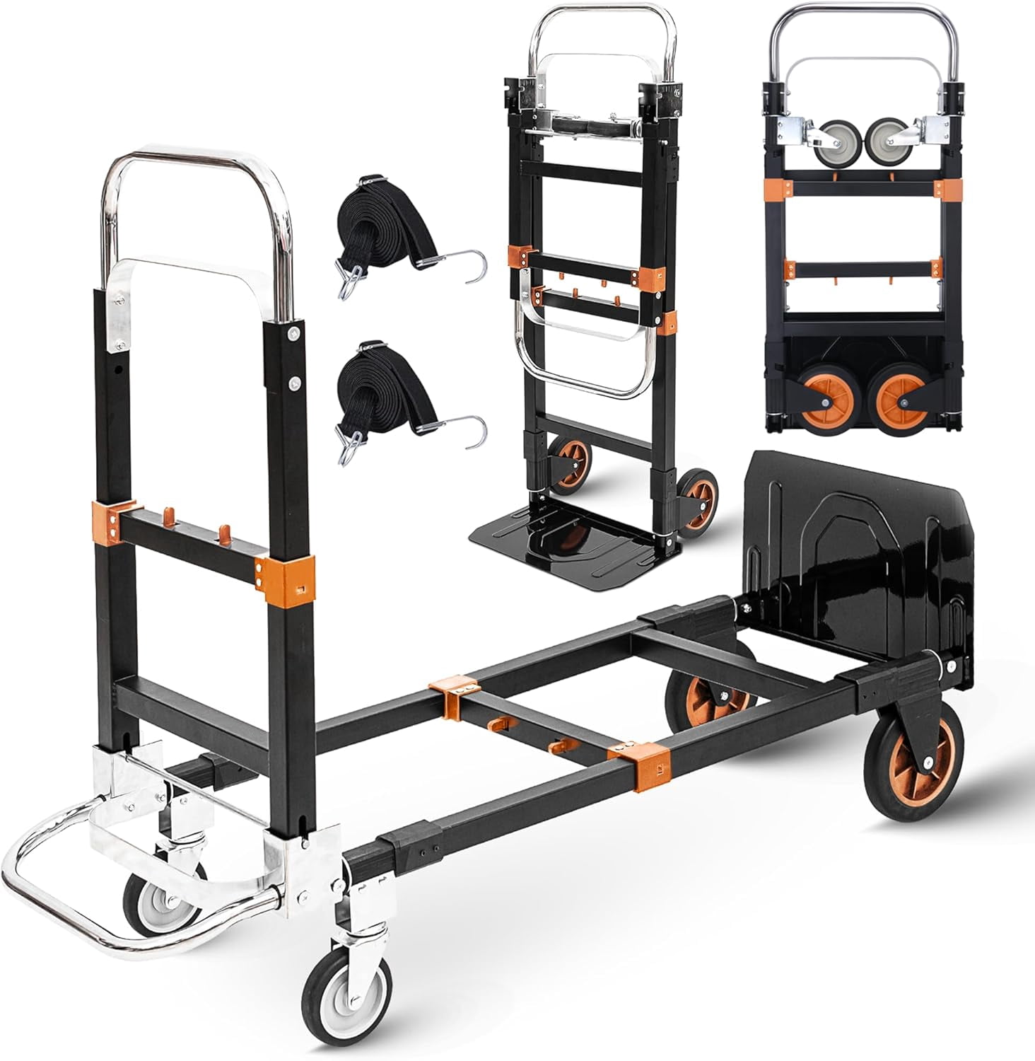 500lbs Capacity Heavy Duty Convertible Dolly Cart with Rubber Wheels, Upgraded 3 in 1 Folding Hand Truck, Collapsible Hand Truck Foldable with Telescopic Handle, Trolley for Moving, Office, Warehouse
