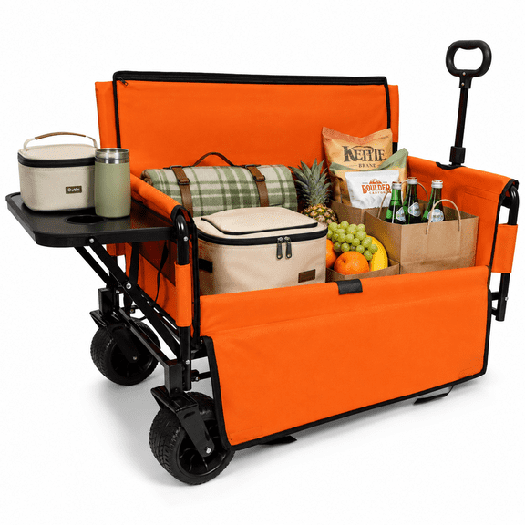 3-in-1 Convertible Folding Wagon with Bench Seat & Rear Folding Tabletop, 500lbs Heavy Duty Utility Cart, 180l Large Capacity All-Terrain Beach Wagon for Camping, Sports & Garden, Dark Orange