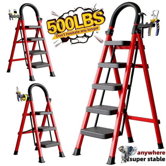 500lbs Load-Bearing Folding Step Ladder, Heavy-Duty Steel Portable Ladder With Anti-Slip Wide Treads, Convenient Handrails & Safety Lock Design, Sturdy Step Stool For Home, Kitchen,Garage&Office Use