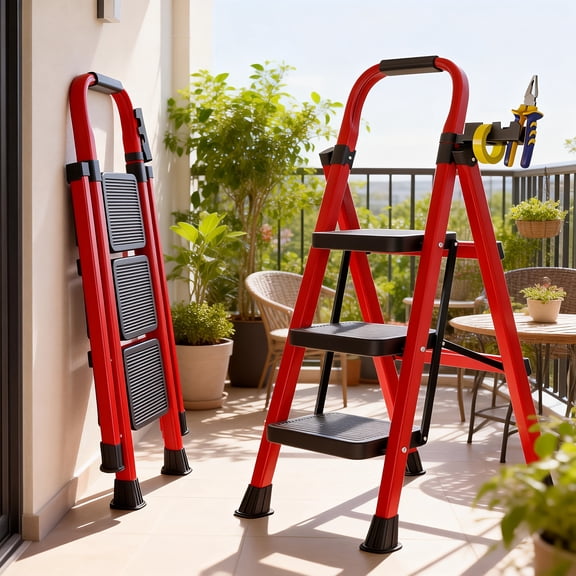 500lbs Load-bearing Folding 5/4/3 Step Ladder | Heavy-duty Steel Step Stool with Anti-slip Wide Treads, Handrails, Safety Lock Design, Black and Red Color Scheme, Portable Multi-functional Ladder for