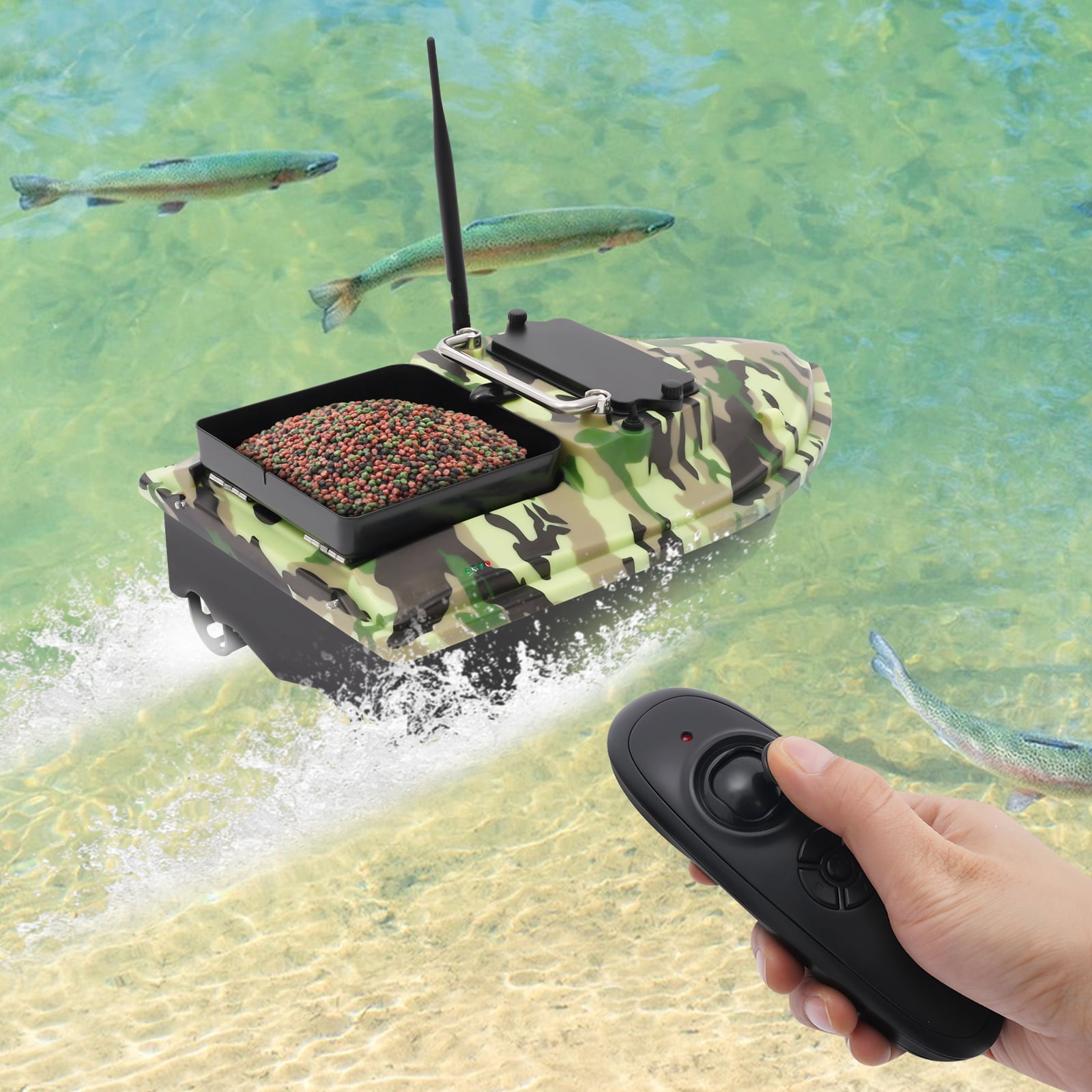 500m Remote Camouflage Bait Boat – Dual 5200mAh Batteries, 2-3h Endurance, Night Fishing Lights – for Lakes & Seas