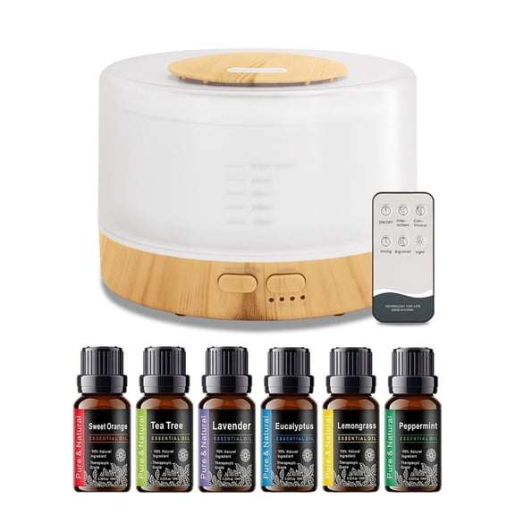 500ml Aromatherapy Essential Oil Diffuser Set with 6 Therapeutic Oils, 7 Color Changing LED Lights, Ultrasonic Cool Mist, Auto Shut-Off, Quiet Operation Perfect for Home, Bedroom, Yoga