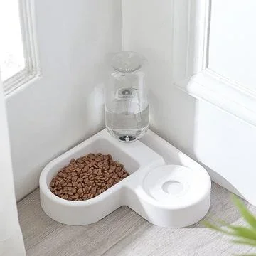 500ml Corner Pet Feeder with Automatic Water Dispenser 2-in-1 Food and Water Bowl for Cats and Small Dogs, Space-Saving L-Shaped Feeding Station for Pets