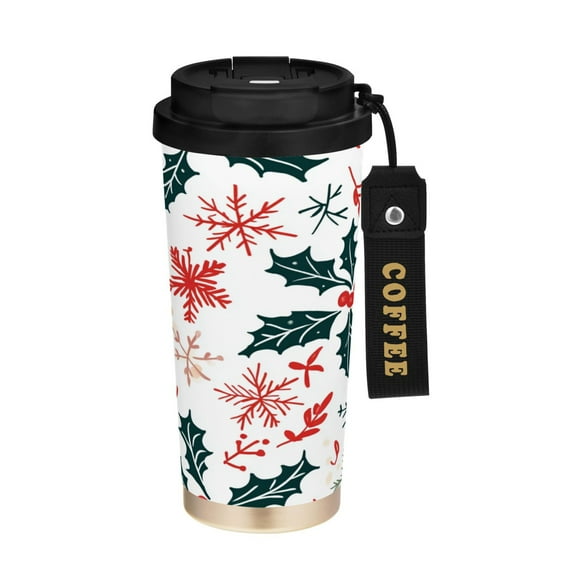 500ml Double-Wall Vacuum Insulated Tumblers Stainless Steel Coffee Tumbler with Ceramic Coating Holly Leaves and Snowflakes