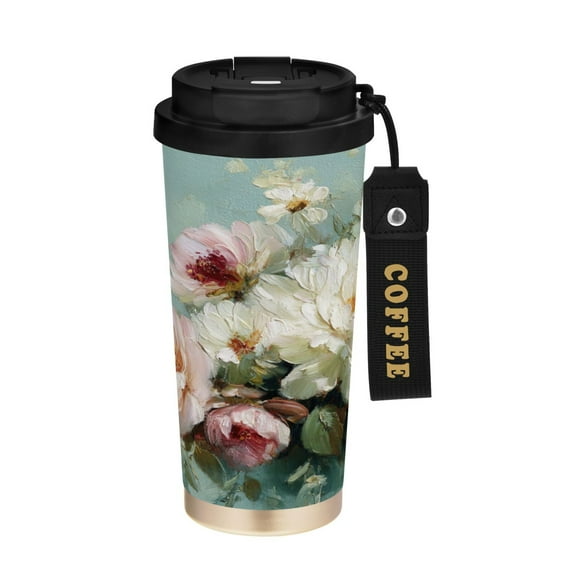 500ml Double-Wall Vacuum Insulated Tumblers Stainless Steel Coffee Tumbler with Ceramic Coating Vintage Peonies and Daisies
