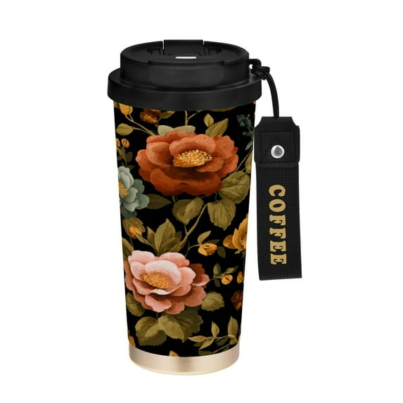 500ml Double-Wall Vacuum Insulated Tumblers Stainless Steel Coffee Tumbler with Ceramic Coating Vintage-inspired Floral Pattern