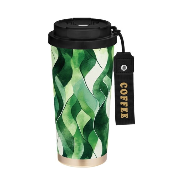 500ml Double-Wall Vacuum Insulated Tumblers Stainless Steel Coffee Tumbler with Ceramic Coating Watercolor Green Wavy Lines