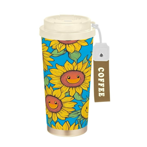 500ml Double-Wall Vacuum Insulated Tumblers Stainless Steel Coffee Tumbler with Ceramic Coating Yellow Sunflowers with Smiley Faces