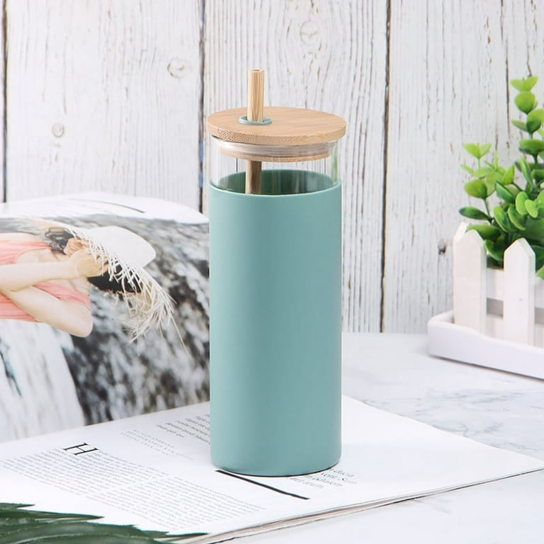 Glass Water Bottle with Bamboo Wood Lid and Silicone Protective Sleeve Heat  Resistant Drinkware Straw Cup Wide Mouth Tumbler