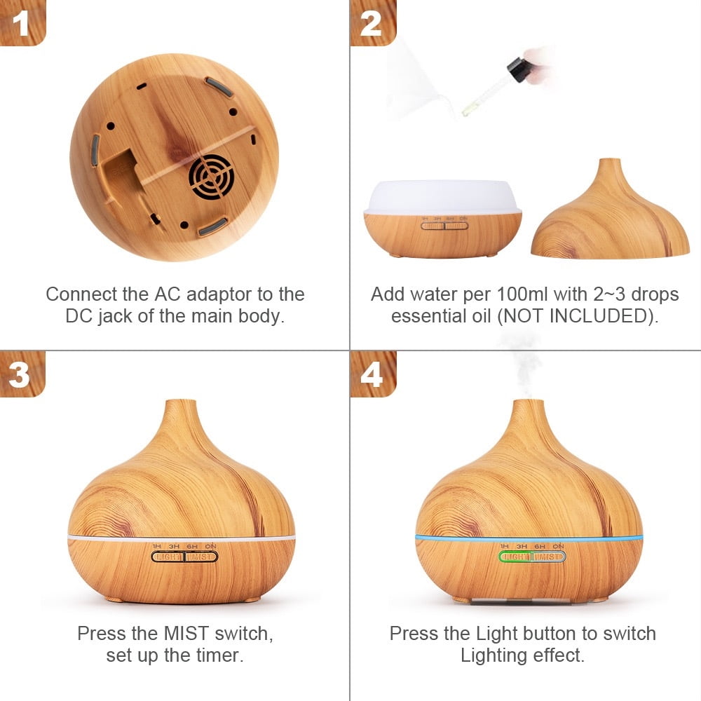 500ml Sleep Humidifier with Wood Grain Finish - 7 Color Mood LED for ...