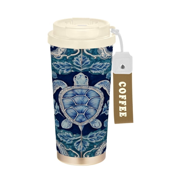 500ml Stainless Steel Coffee Mug with Portable Beige Strap Vacuum Insulated Ceramic Coated Coffee Tumbler Dark Teal Turtle Pattern