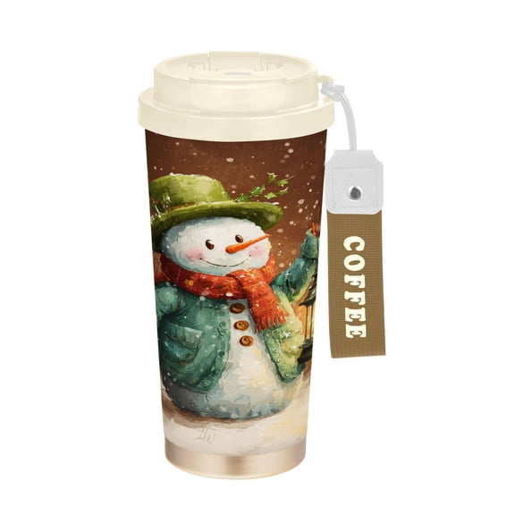 500ml Stainless Steel Coffee Mug with Portable Beige Strap Vacuum Insulated Ceramic Coated Coffee Tumbler Green-clad Snowman