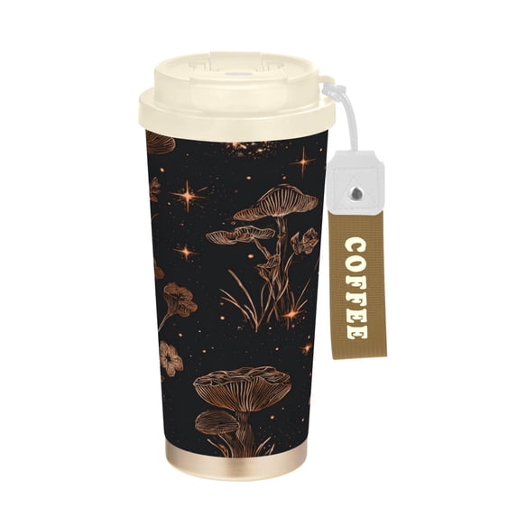 500ml Stainless Steel Coffee Mug with Portable Beige Strap Vacuum Insulated Ceramic Coated Coffee Tumbler Mushrooms and Glittering Stars